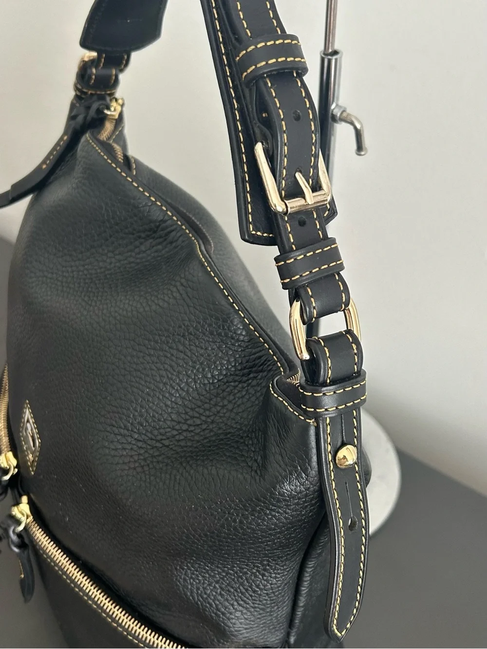 Dooney & Bourke Black Pebbled Leather Hobo Shoulder Bag Front Zip Pocket